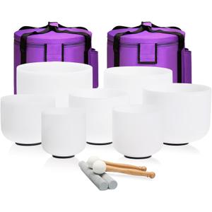 440HZ 6-12 inch Set of 7 Frosted Meditation Chakra Quartz Crystal Singing Bowls for Sound Healing Energy with Carry Case Bag Suede and Striker & O-Ring