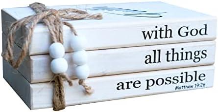 LIVDUCOT Farmhouse Wooden Decor Book Stack | Rustic Faux Book Stacks | With God All Things Are Possible Sign