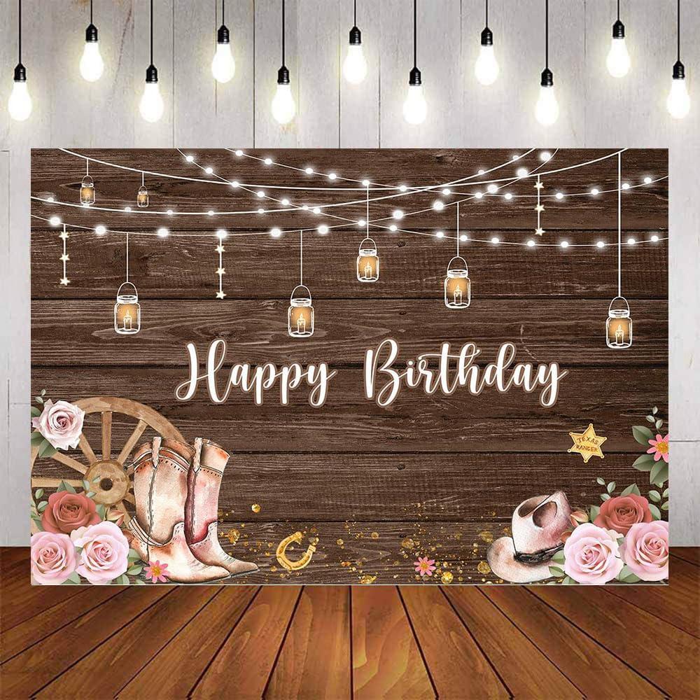 Western Cowgirl Birthday Backdrop - Rustic Saddle Up Boots Pink Flower Yee Haw 30th 40th 50th 60th Party Decorations (7x5ft)