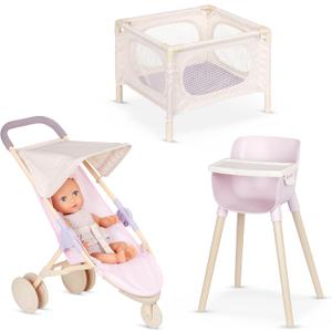 LullaBaby  14-Inch Realistic Baby Doll & Accessory Bundle  Fair Skin Tone & Blue Eyes  Nursery Care Set  High Chair, Playpen & Jogger Stroller  Pretend Play Toys  Kids 2+ Years