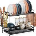GSlife Dish Drying Rack for Kitchen 2 Tier Small Dish Rack with Drainboard Rust-Resistant Compact Dish Drainer with Utensil Holder Cutting Board Holder for Kitchen Counter, Black