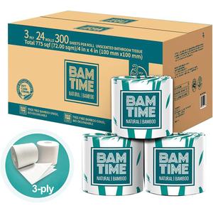 Toilet Paper, 100% 3ply Bamboo Toilet Paper, 24 Rolls, 300 sheets, 7200 Count, pack of 24, plastic free, Tree free, Biodegradable