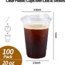 100 Pack - 20 oz Clear Plastic Cups with Lids and Straws, Sturdy & Food Safe Iced Coffee Cups with lids, Disposable Plastic Smoothie Cups for Cold Drinks