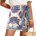 Womens Wrap Mini Skirt Boho Floral Printed Knot Side High Waist A Line Casual Summer Beach Short Skirt (L)