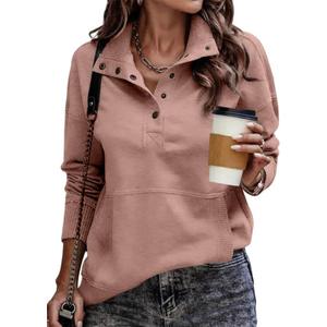 SHEWIN Women's Casual Long Sleeve Stand Neck Sweatshirt Lightweight Button Drawstring Pullover Tops (Large)