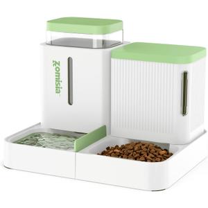 Gravity Cat Feeder and Water Dispenser, 2 in 1 Cat Self Feeder with 180 Degree Rotatable, Automatic Feeding Large Capacity for Small Medium Dog Puppy Kitten, White & Green, 0.8 Gallon x 2