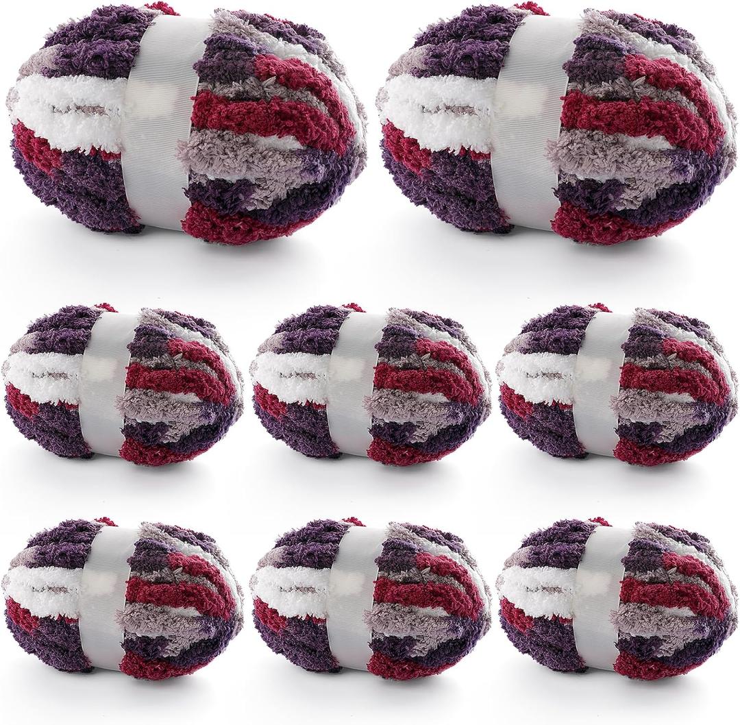 8 Pcs Chunky Yarn for Hand Knitting - Chunky Chenille Yarn for Crocheting - Fluffy Yarn for Crochet - Jumbo Yarn for Hand Knitting 227 yds 61.6 oz of Super Bulky Yarn (Burgundy-Grey-White)