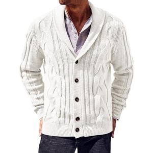Runcati Mens Cable Knit Cardigan Sweater Shawl Collar Casual Button Down Long Sleeve Sweaters White M