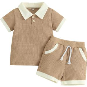 Kuriozud Newborn Baby Boy Summer Clothes Button Short Sleeve Romper Bodysuit Shorts Set Toddler Soft Waffle Outfit (3-4T, Lapel Shirt Khaki)