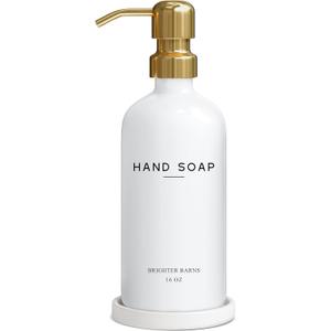 Luxury Glass Hand Soap Dispenser Bathroom Set by Brighter Barns - Hand Soap Dispenser with Stainless Steel Pump - Glass Bottle with Round Tray - White and Gold Bathroom Decor & Accessories (Gold)