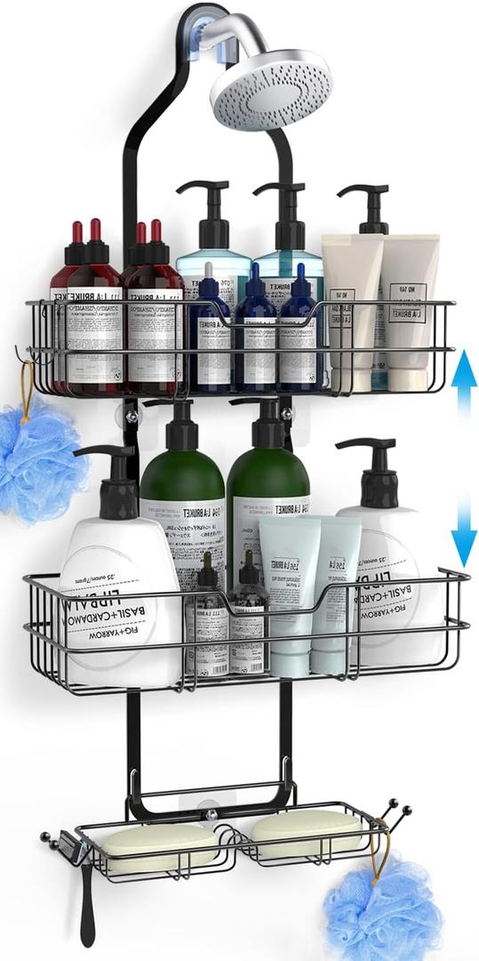 Hanging Over the Shower Head Caddy,Height Adjustable Rustproof Bathroom Organizer Shelf with Soap & Shampoo Holder, Black