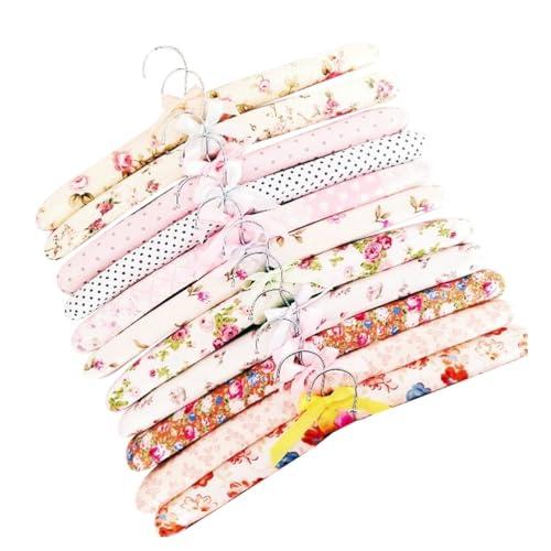 Ipetboom Satin Padded Hangers for Sweaters 10pcs Women Clothing Clothes Wooden Fabric Coat Hangers No Bump Canvas Covers for Wedding Bridesmaid Lingerie Random Pattern Style, 14.9x4.3x1.4in