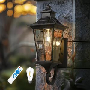 Emliviar Solar Exterior Front Porch Light with Remote Control, 3 Lighting Modes Waterproof Solar Wall Lantern, Auto On/Off Black Outside Light with Clear Glass, 500181-SL BK, Medium - 1 Pack