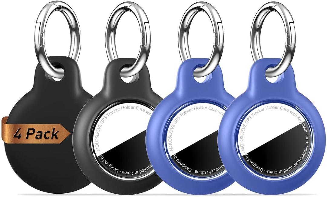 [4 Pack] Upgrade for Airtag Holder Case with Keychain, Waterproof Anti-Scratch & Shock GPS Cover, Accessories for GPS Item Tracker Cases for Backpacks, Luggages, Black/Blue