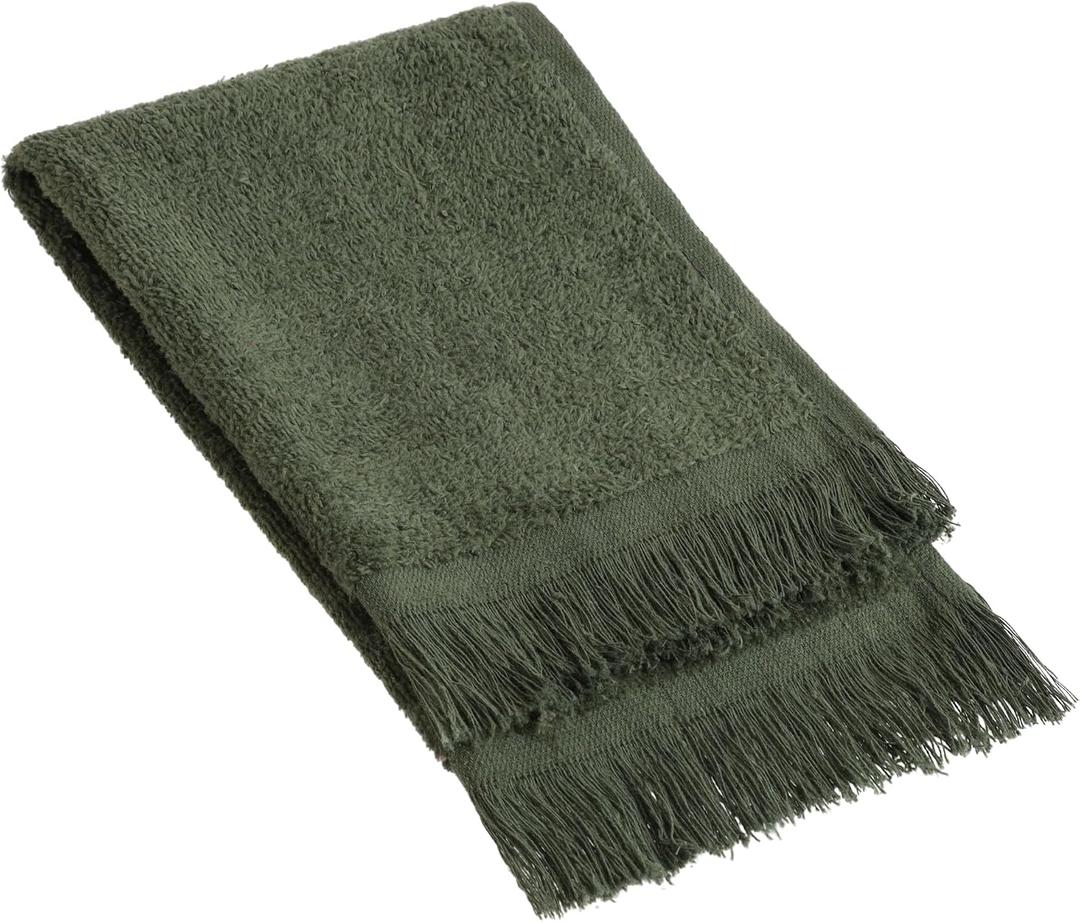 Fringed Reversible Fingertip Hand Towel (Size 11" W x 18" L) Terry Cotton Washcloth Set for Face and Bathroom use. (3, Forest Green)