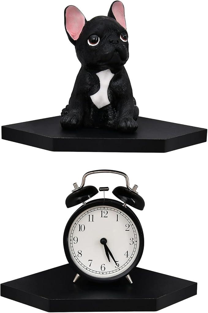 WELLAND 7Inch Black Floating Corner Shelves Set of 2, Wall Mounted Storage Shelf with White Finish for Bedroom, Living Room, Bathroom, Display Shelf for Small Plant, Photo Frame, Toys