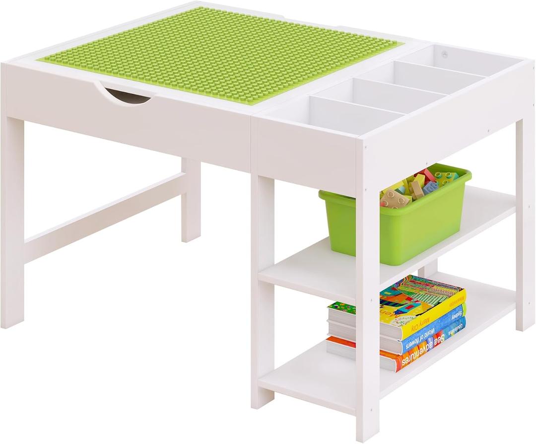 MallBest 4-in-1 Activity Table Compatible with Duplo (Large Bricks Only), Toddler Play Desk with Storage & Reversible Top for Ages 2-5, Wooden Kids Station Not for Small Lego, White