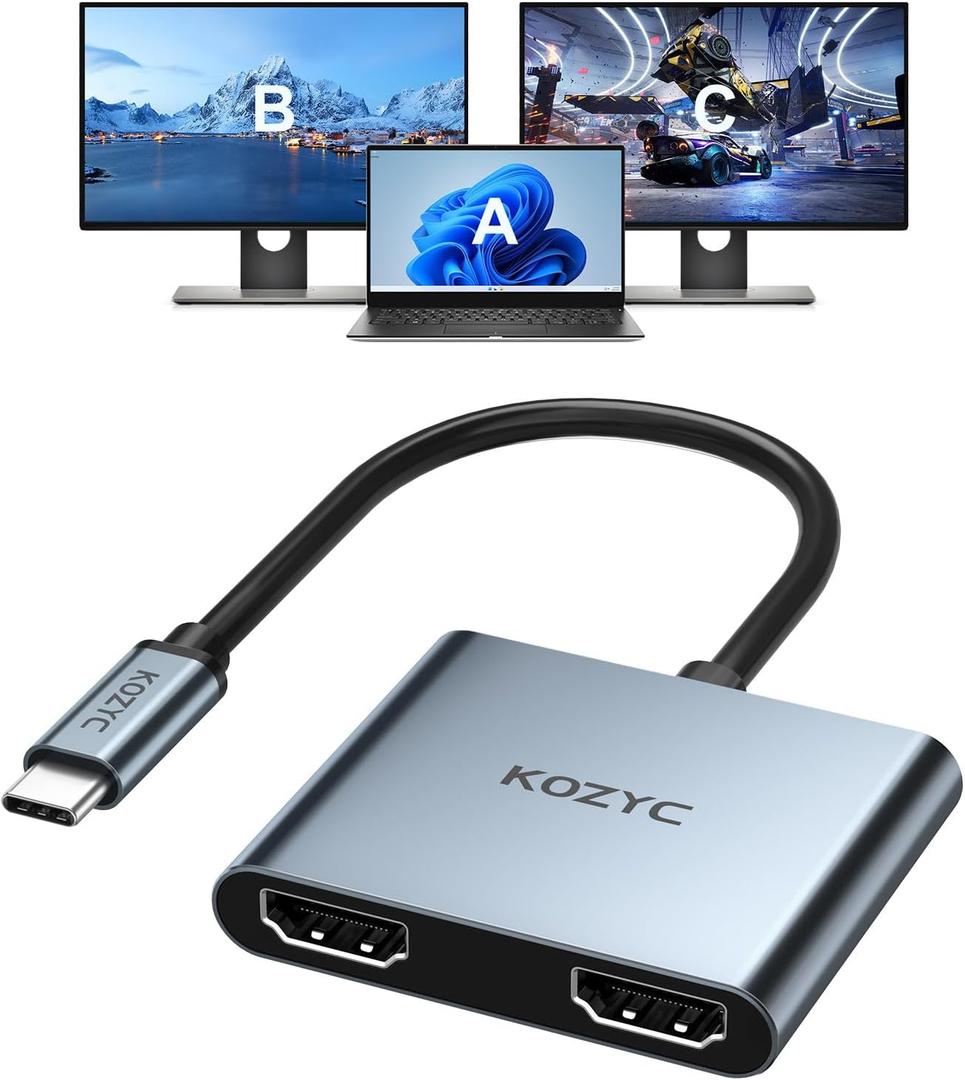 KOZYC USB C to Dual HDMI Adapter 4K@60hz, Type C to HDMI Splitter Extended Display for MacBook/MacBook Pro Air Dell XPS13/15, Samsung Galaxy S9/S9+ [MST Mode (Extended displays) Only for Win OS]