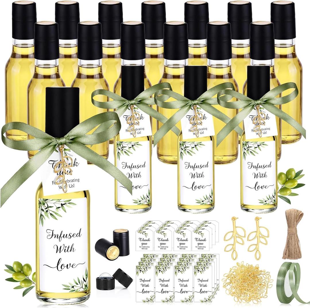 Suclain 24 Set 5 oz Homemade Olive Oil Bottles with Tags Leaf Decorations Glass Bottles with Leak Proof Screw Cap Funnel Clear Bottle for Greek Olive Oil Wedding Baby Shower Party Favors