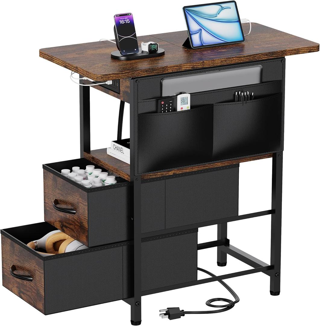 Small Side Table with Charging Station, Narrow Nightstand Bedside Tables with Storage Pocket for Living Room Bedroom, Sofa End Table with USB Ports and Power Outlets for Small Spaces (Rustic Brown)