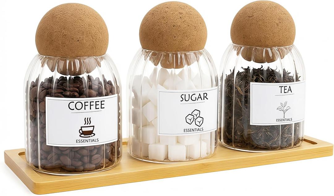 Glass Jar Storage Container with Ball Cork, 3PCS Round Glass Canisters with Tray & Labels, Small Glass Jars for Food Sugar Candy Coffee Tea Nuts - Style 2(500ml/17oz)