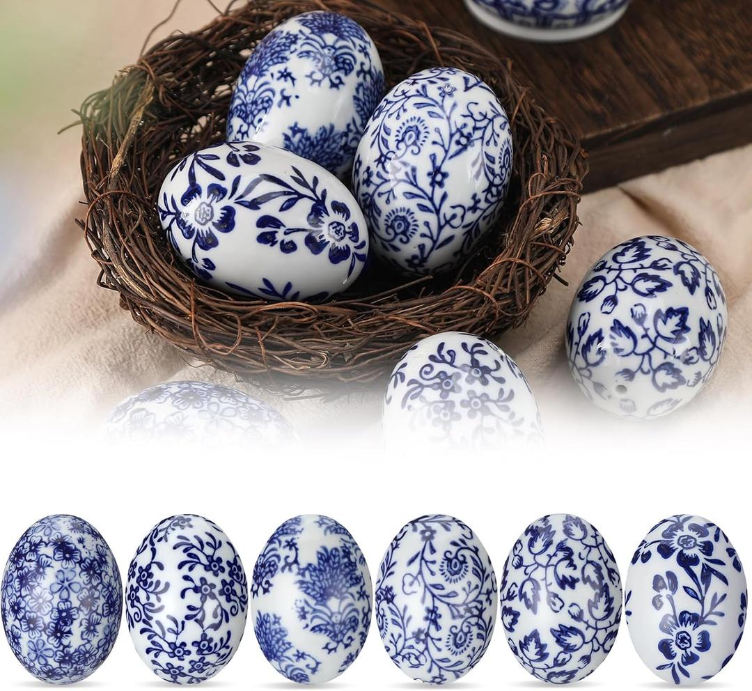 Bucherry 6 Pcs Ceramic Easter Eggs Decorations Chinoiserie Blue and White Floral Eggs Figurines Porcelain Egg Decorative for Easter Basket Fillers Table Setting Spring Party Favors