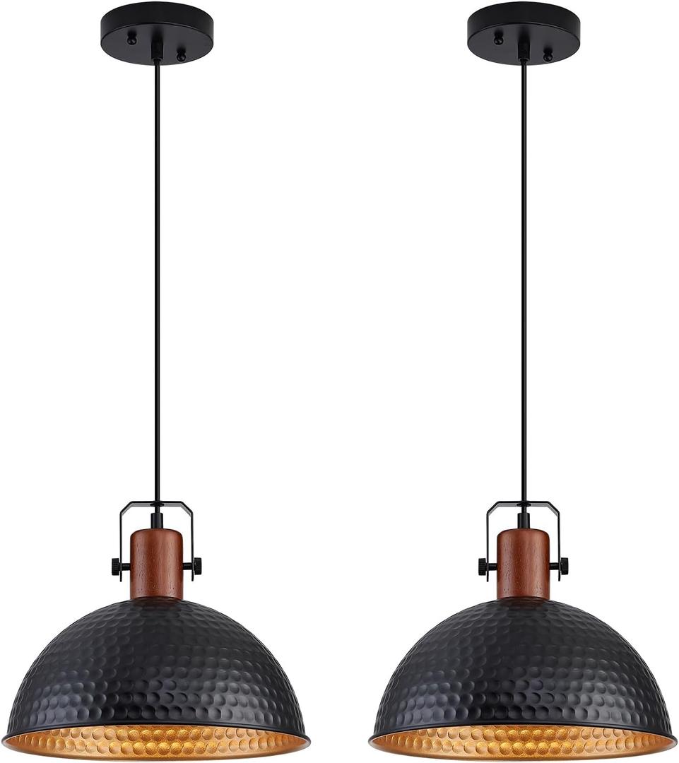12 Inch Black Pendant Lights Hammered Matte Pendant Lights for Kitchen Island Industrial Farmhouse Adjustable Height Dome Hanging Light Fixtures for Barn, Dining Room 2 Packs