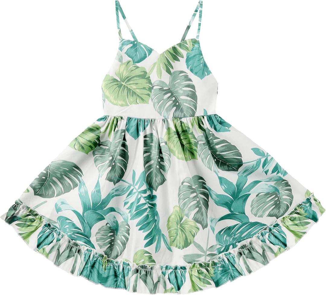 Toddler Vintage Floral Girls Dress Baby Backless Sundress Sleeveless Matching Outfits 5-6Y (Green-leaves)