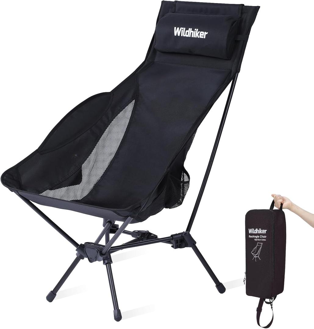 Wildhiker Portable Compact Folding Camping Chairs Lightweight High Back with Pillow, Deep Recline, ArmPads, Side Pockets-for Motorcycle, RV, Backpacking, Travel, Festival Black