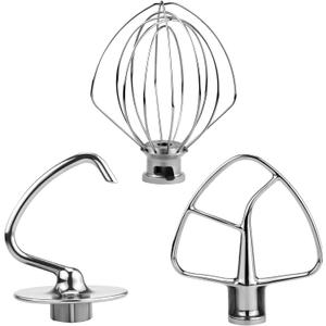 3 Pieces Stand Mixers Repair Set Stainless Steel for Kitchen Tilt-Head Stand Mixers K45DH Dough Hook K45B Coated Flat Blade Paddle K45WW Wire Whip Replace for Kitchen-aid Accessories by AMI PARTS