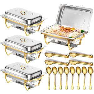 Chafing Dishes for Buffet, 8 Qt High Grade Chafing Dish Buffet Set, Rolled-Edge Design Food Warmers for Parties, Buffet, Wedding, Birthday, Camping 4 Pack 4 Pans [Half Gold]
