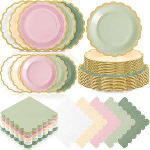 Zhehao 150 Pcs Pink and Green Plates and Napkins Tableware Serves 50 Includes 9 Inch 7 Inch Pink and Sage Scalloped Paper Plate and Napkins for Wedding Birthday Baby Shower Party