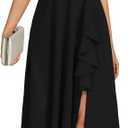 COOAN Women's Black Long Formal Dresses Cocktail Wedding Guest Dress Ruffle Split Elegant V Neck Party Gowns (Black, XL)