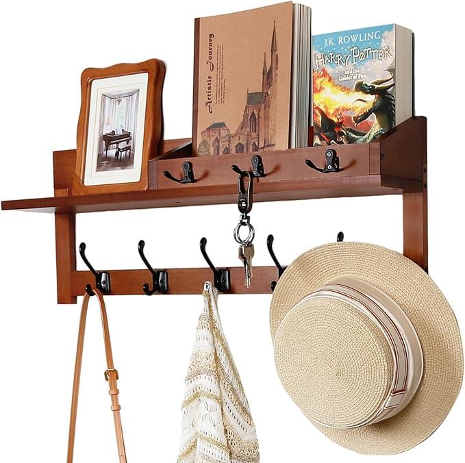 Exper City Coat Rack Wall Mount with Shelf, 26IN Wooden Coat Hanger Hooks Wall Mount with 8 Metal Hooks, Hanging Shelf with Hooks, Retro 