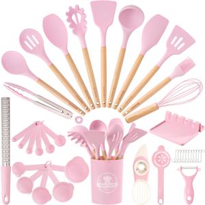 Astercook Kitchen Utensils set, 39 PCS Silicone Cooking Utensils Set with Wooden Handle, 446F Heat Resistant Food Grade Utensil Sets, BPA Free Kitchen Gadgets Tools Set for Nonstick Cookware (Pink)