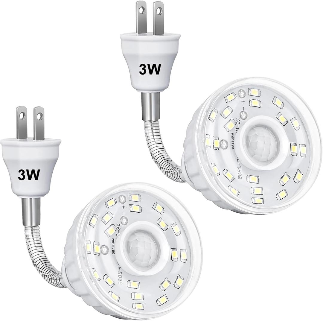 2PCS 3W White Plug in Motion Sensor Night Light Indoor, PIR Infrared Motion-Activated LED Night Light for AC Outlet,Dusk to Dawn Sensor Smartlight,360 Directional Rotating for Garage Stairway