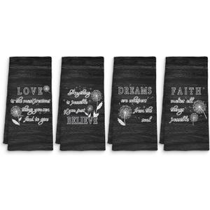Inspirational Dandelion Kitchen Towels Set of 4, Motivational Quotes Dish Tea Towels, Rustic Believe Dreams Faith Love Decorative Hand Towels for Bathroom Kitchen, 16x24 Inches (Coal Black)