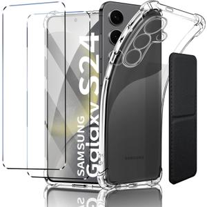 for Samsung Galaxy S24 Case, Shockproof TPU Clear Cover with 2 Pack Tempered Glass Screen Protectors & Leather Kickstand (3M Adhesive Mount) for Stand/Horizontal Viewing, Clear