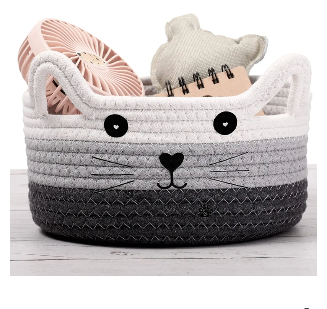 Zopeal Cat Basket Storage Woven Organizer with Ears Christmas Decorative Pet Toy Cute Cotton Rope Basket for Gift Cat Dog Toy Bin Nursery Room(8.3 x 4.7 Inch,White, Light Gray and Gray)