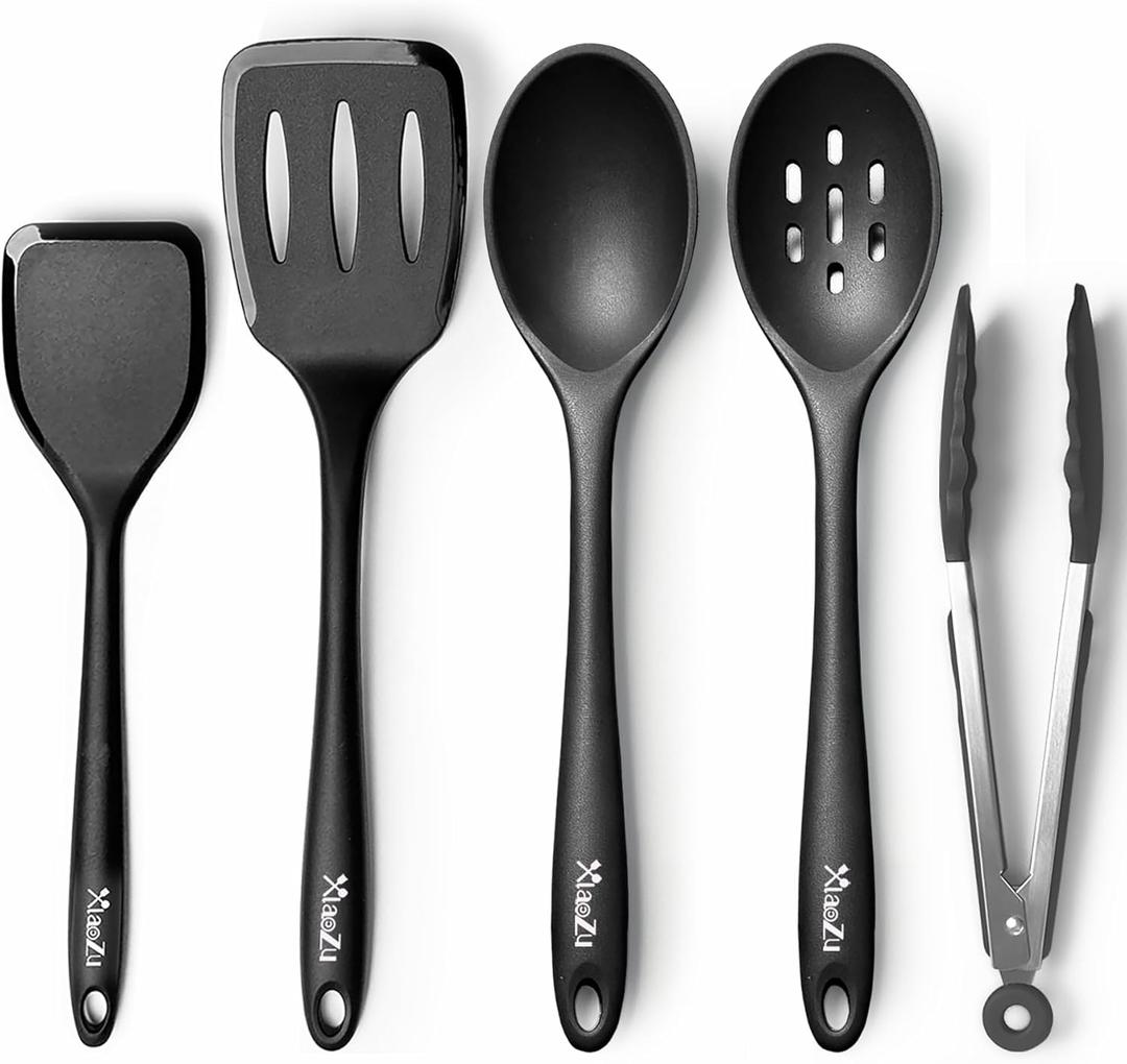 Silicone Cooking Utensils Set, Heat Resistant and large Non Stick Spatulas & Spoons for Kitchen, Ideal BPA Free Kitchen Turners for Frying, Mixing,Serving,Draining,Turning (5-Pack Utensil Set_Black)