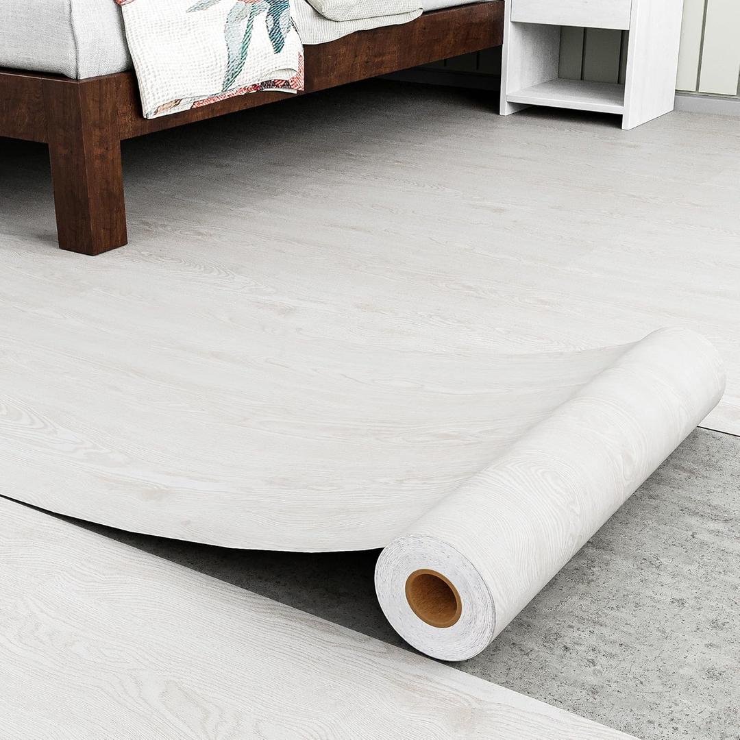 Homease Wood Grain Vinyl Flooring Roll 15.7" x 118" White Peel & Stick Waterproof Floor Tiles, Extra Durable Wear-Resistant Surface for Kitchen Bathroom Rental, Easy DIY Floor Covering