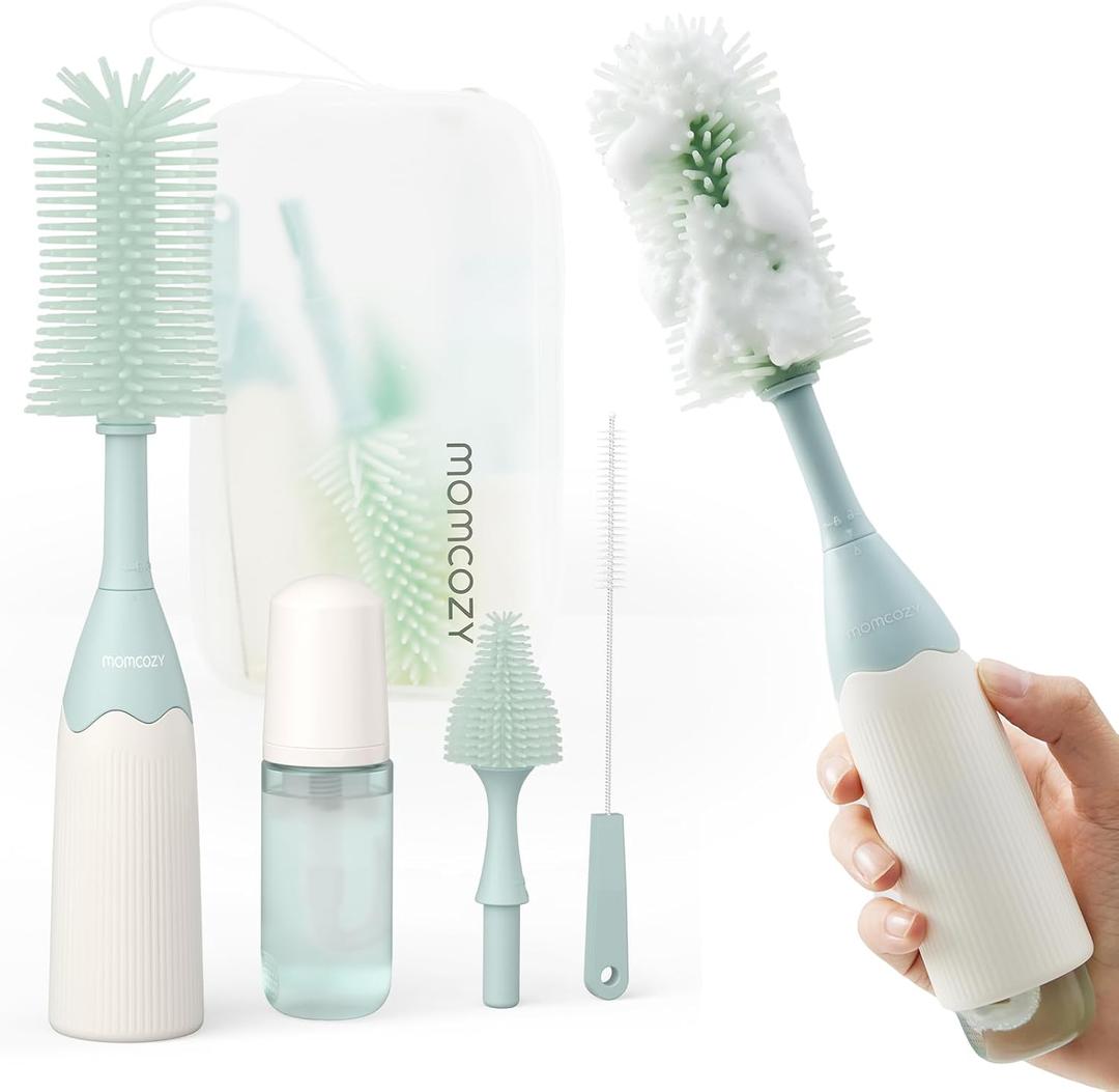 Momcozy Bottle Brush Kit with Push-Press Foam Design - Newborn Essentials Gift, Portable Cleaning Tool for Home & Travel, Baby Bottle Cleaner Brush for Breast Pumps & Nipples, Green (Press Bubble Style)