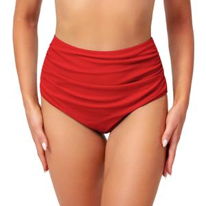 Edelqual Women's High Waisted Bikini Bottom Tummy Control Full Coverage Ruched Bathing Suit Swimsuit Tankini Swim Shorts (Large, Red)
