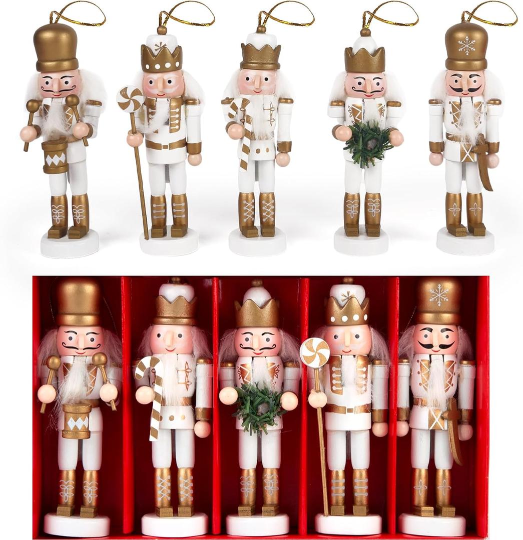 POPLAY 5PCS Nutcracker Christmas Decor, Wooden Nutcracker Hanging Ornaments Soldier for Christmas Tree Gift Shelves Table Decoration (5inch)