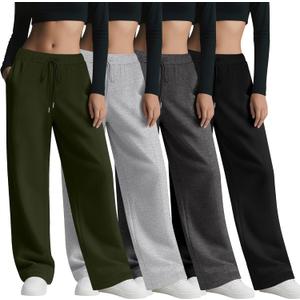 4 Pack Women's Wide Leg Sweatpants, Baggy Straight Elastic Waist Drawstring Multipack Lounge Trousers with Pockets (Large, Army Green, Light Gray, Dark Gray, Black)