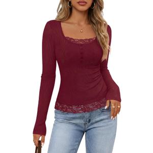 MEROKEETY Womens Fall Lace Trim Tops Cute Long Sleeve Scoop Neck Shirt 2026 (Red, S)