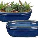 DILATATA Set of 2 Oval Ceramic Bonsai Planter Pots (9.3 x 6.3)  Glazed Succulent & Cactus Flower Pots Without Holes for Indoor & Outdoor Plants, Bonsai Tree Pot Decorative Garden Containers