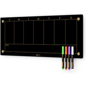 Black Glass Golden Weekly Dry Erase Calendar Whiteboard for Wall, to Do List & 7 Days Planner White Board for Home Office, 23x9.5, 4 Wet Erase Markers Included, Yeoux*