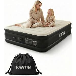 Queen Air Mattress with Built-in Pump, 16" Elevated Inflatable Bed for Home & Guests, Self-Inflating Blow Up Mattress with Flocked Top & Storage Bag, 660lb Max Weight, Matt Black