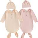 Newborn Knotted Gown 2 Pack Plain Sleeper for Baby Boy Girl Coming Home Outfit 0-3 Months